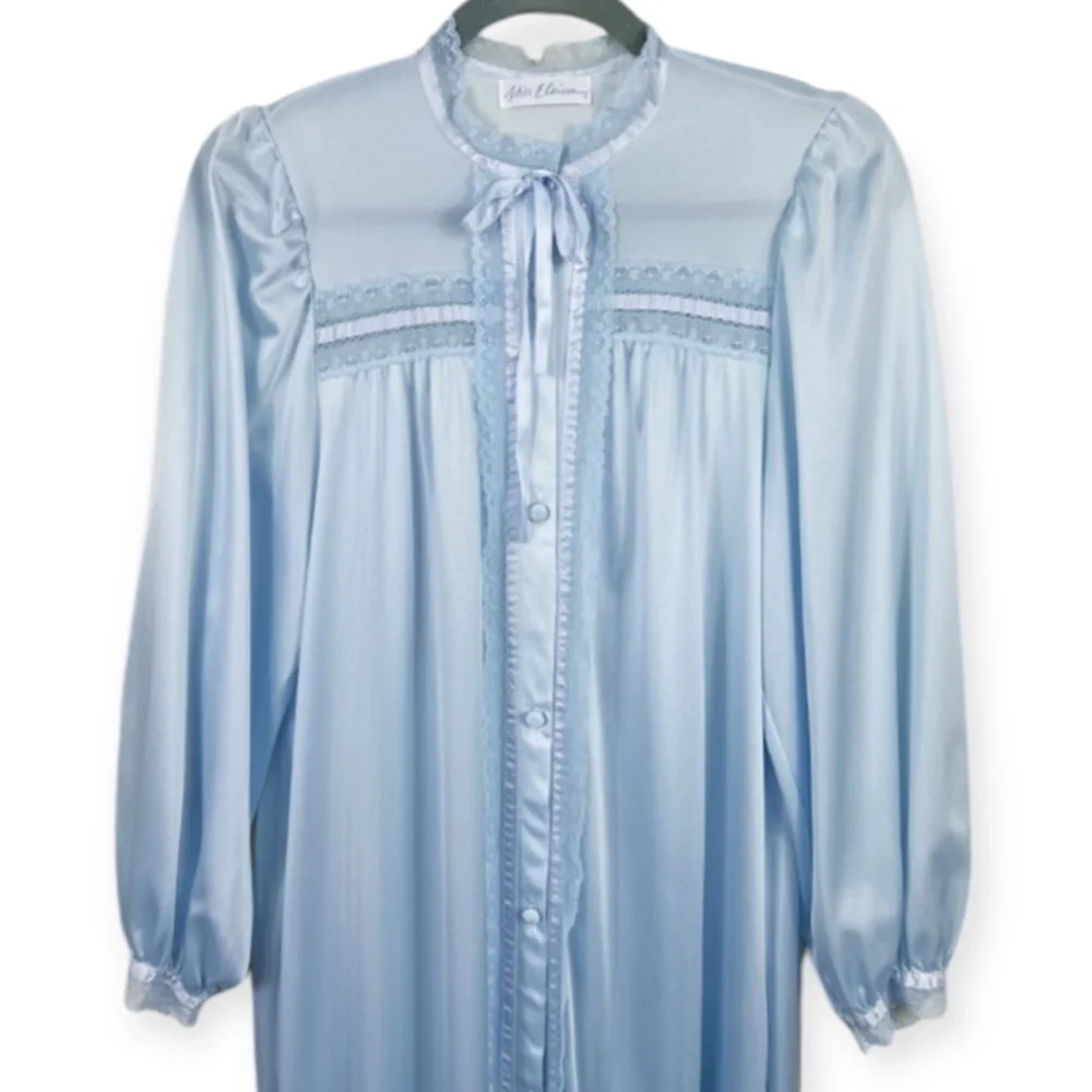 Miss Elaine Vintage 80’s Peignoir Robe Ribbon Lace Long Sleeve Blue S